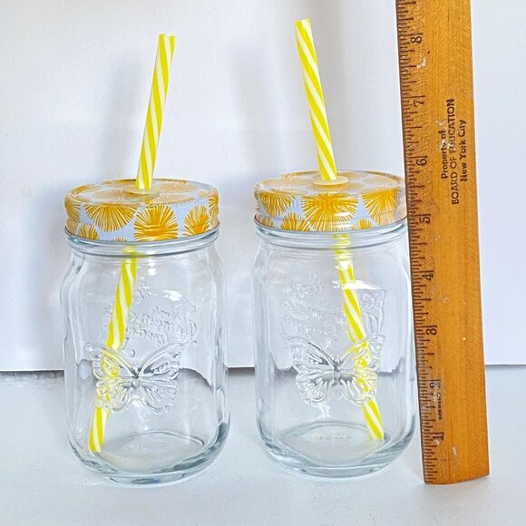 Lemonade Glasses Set Of 2 With Yellow Floral Screw-On Lids Reusable Straws 16 Oz - Picture 6 of 7